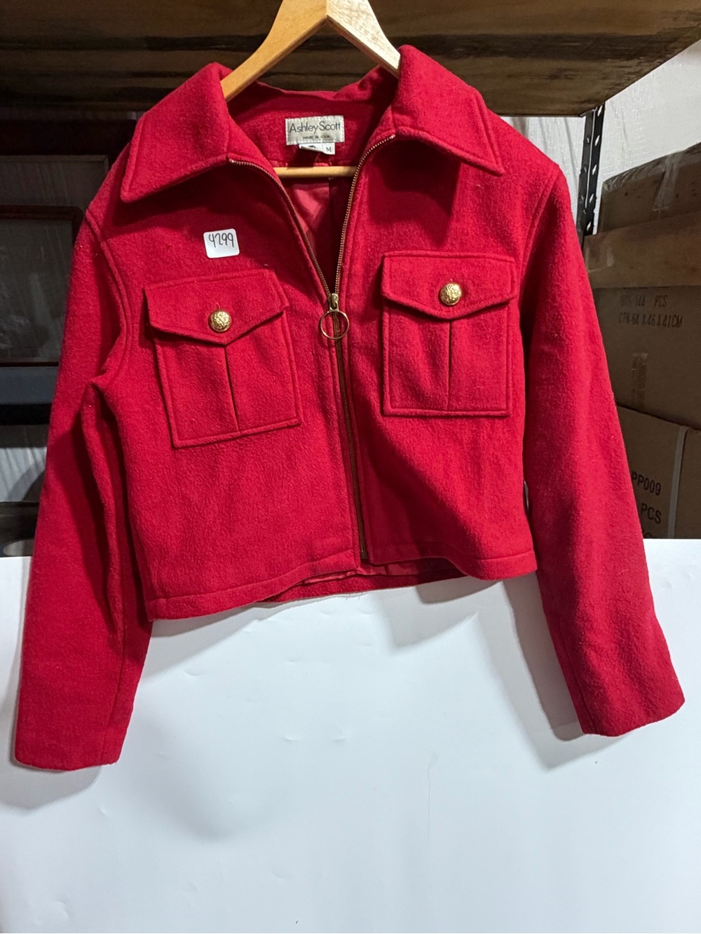 #4299-Ashley Scott Women's Red Wool-Blend Zip Front Cropped Pea Coat